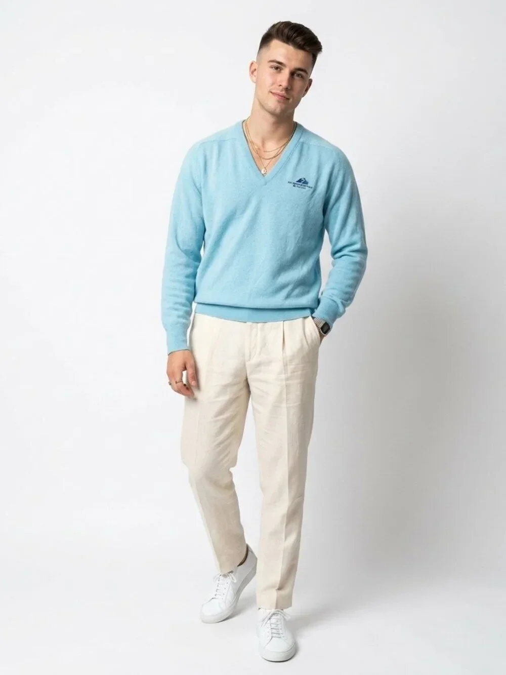 Vintage 70s Izod Naples Beach Golf Club V Neck Sweater Blue Large